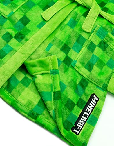 Minecraft Creeper Dressing Gown For Boys & Girls | Kids Green Soft Pixelated Bathrobe With Creeper Face Hood | Teens & Children’s Nightwear Robe | Gamer Gifts