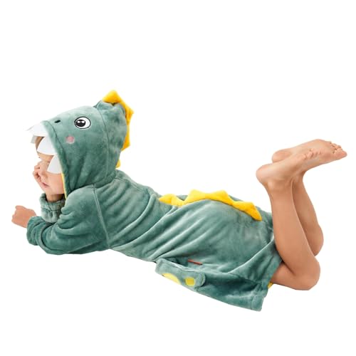 YLLSOPHAN Boys Girls Animal Pattern Cow Dinosaur Crocodile Frog Koala Hooded Dressing Gown Nightwear Bathrobe Robe Extra Thickness Fleece (as8, age, 5_years, 6_years, regular, New Dinosaur)