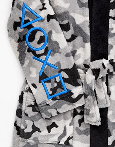 PlayStation Dressing Gown For Boys & Girls | Kids Camo Monochrome Game Controller Pocket Bathrobe | Childrens Soft Fluffy Nightwear Robe 13-14 Years