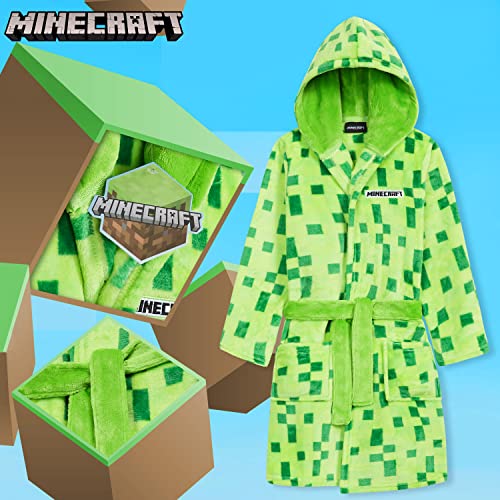 Minecraft Dressing Gown for Boys, Fluffy Fleece Bathrobe Kids Teens (Green, 7-8 Years)