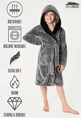 CityComfort Dressing Gown Boys, Kids Fleece Hooded Dressing Gown 7-14 Years (13-14 Years, Grey)
