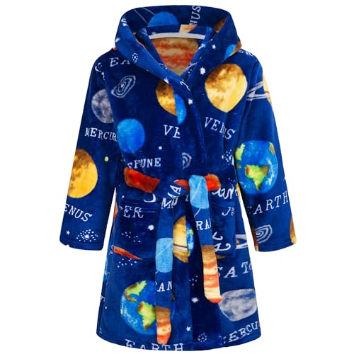 Baogaier Kids Bathrobe Hooded Girls Boys Dressing Gown Flannel Bath Robe with Hood Lightweight Pyjama Planet Pattern Nightwear Sleepwear Unisex Age 5-6 years