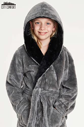 CityComfort Dressing Gown Boys, Kids Fleece Hooded Dressing Gown 7-14 Years (13-14 Years, Grey)