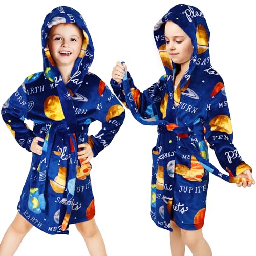 Baogaier Kids Bathrobe Hooded Girls Boys Dressing Gown Flannel Bath Robe with Hood Lightweight Pyjama Planet Pattern Nightwear Sleepwear Unisex Age 5-6 years