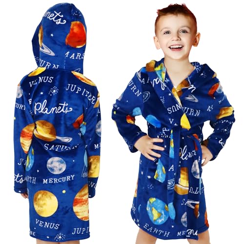 Baogaier Kids Bathrobe Hooded Girls Boys Dressing Gown Flannel Bath Robe with Hood Lightweight Pyjama Planet Pattern Nightwear Sleepwear Unisex Age 5-6 years