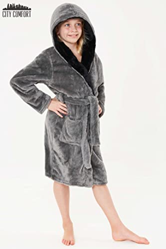 CityComfort Dressing Gown Boys, Kids Fleece Hooded Dressing Gown 7-14 Years (13-14 Years, Grey)