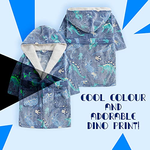 Metzuyan Kids Boys Dino Dressing Gown Toddler Robe Dragon Glow In The Dark Fluffy Snuggle Fleece Hood Size 3-4 Years