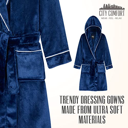 CityComfort Boys Dressing Gown, Fluffy Fleece Kids Dressing Gown, Super Soft Hooded Robe for Boys and Teens (13-14 Years, Dark Blue)