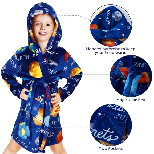 Baogaier Kids Bathrobe Hooded Girls Boys Dressing Gown Flannel Bath Robe with Hood Lightweight Pyjama Planet Pattern Nightwear Sleepwear Unisex Age 5-6 years