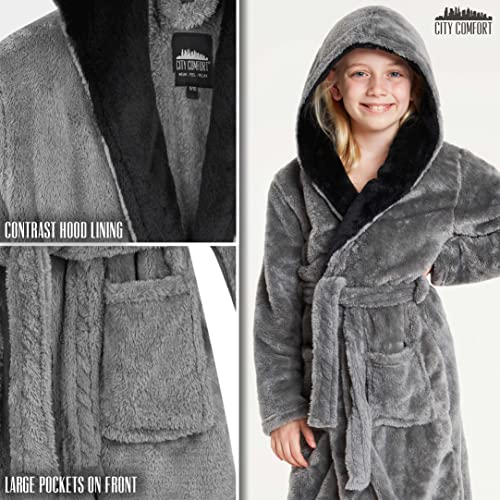 CityComfort Dressing Gown Boys, Kids Fleece Hooded Dressing Gown 7-14 Years (13-14 Years, Grey)