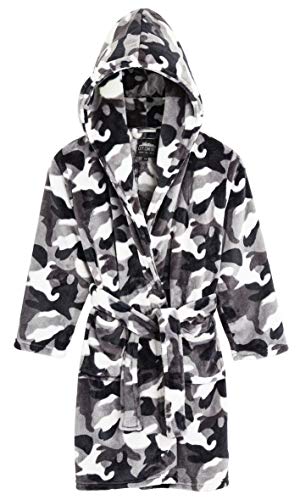 CityComfort Dressing Gown Kids, Camouflage Dressing Gown for Boys, Camo Fleece Robes with Hoodie and Pockets, Kids Clothes for Girls, Boys and Teenagers, Gifts for Boys (7-8 Years, Grey Arctic)