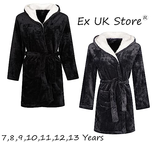 Ex UK Store Boys Dressing Gown Sherpa Hood Soft Luxury Plush Nightwear 10 11 12 13 Years (Black 11-12Y)