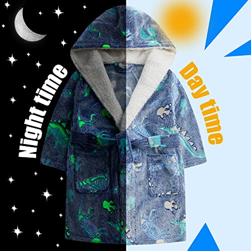 Metzuyan Kids Boys Dino Dressing Gown Toddler Robe Dragon Glow In The Dark Fluffy Snuggle Fleece Hood Size 3-4 Years