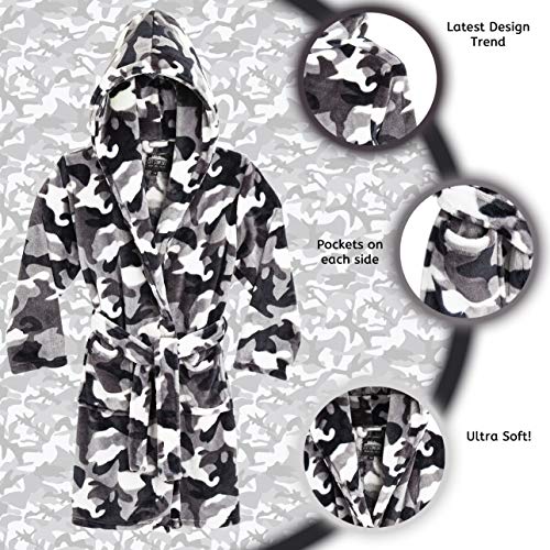 CityComfort Dressing Gown Kids, Camouflage Dressing Gown for Boys, Camo Fleece Robes with Hoodie and Pockets, Kids Clothes for Girls, Boys and Teenagers, Gifts for Boys (7-8 Years, Grey Arctic)