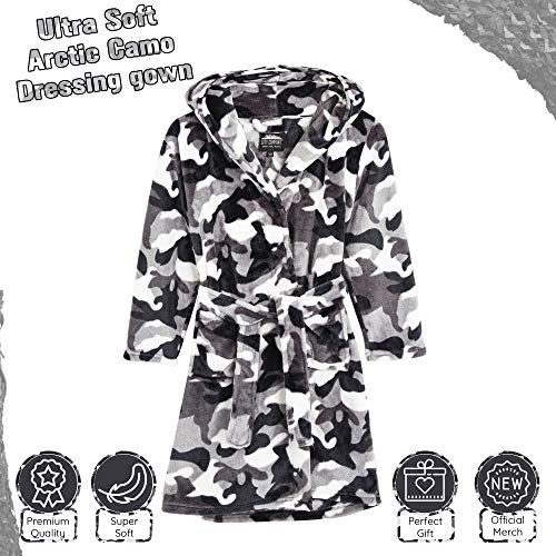 CityComfort Dressing Gown Kids, Camouflage Dressing Gown for Boys, Camo Fleece Robes with Hoodie and Pockets, Kids Clothes for Girls, Boys and Teenagers, Gifts for Boys (7-8 Years, Grey Arctic)
