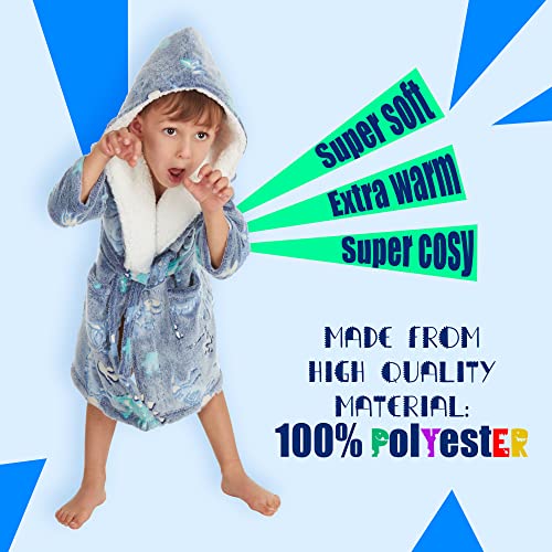 Metzuyan Kids Boys Dino Dressing Gown Toddler Robe Dragon Glow In The Dark Fluffy Snuggle Fleece Hood Size 3-4 Years