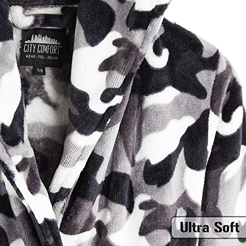 CityComfort Dressing Gown Kids, Camouflage Dressing Gown for Boys, Camo Fleece Robes with Hoodie and Pockets, Kids Clothes for Girls, Boys and Teenagers, Gifts for Boys (7-8 Years, Grey Arctic)