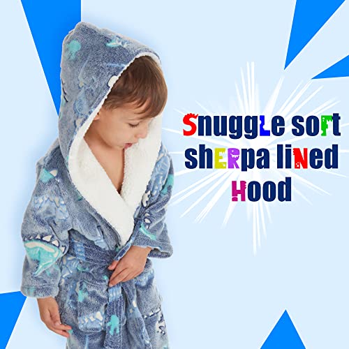 Metzuyan Kids Boys Dino Dressing Gown Toddler Robe Dragon Glow In The Dark Fluffy Snuggle Fleece Hood Size 3-4 Years