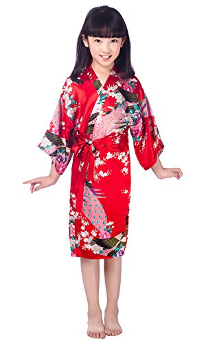Westkun Girls Kimono for Kids Silk Dressing Gown Satin Robes Peacock and Blossoms Bathrobes Sleepwear for Spa Wedding Birthday Party Dress(Red,Tag 14)