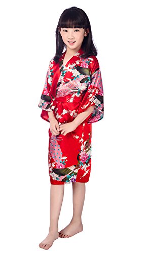 Westkun Girls Kimono for Kids Silk Dressing Gown Satin Robes Peacock and Blossoms Bathrobes Sleepwear for Spa Wedding Birthday Party Dress(Red,Tag 14)
