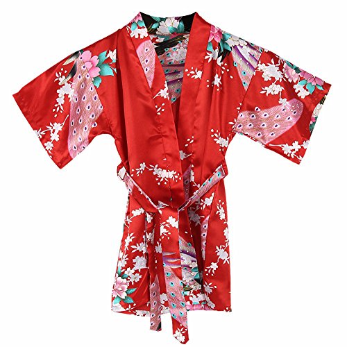 Westkun Girls Kimono for Kids Silk Dressing Gown Satin Robes Peacock and Blossoms Bathrobes Sleepwear for Spa Wedding Birthday Party Dress(Red,Tag 14)