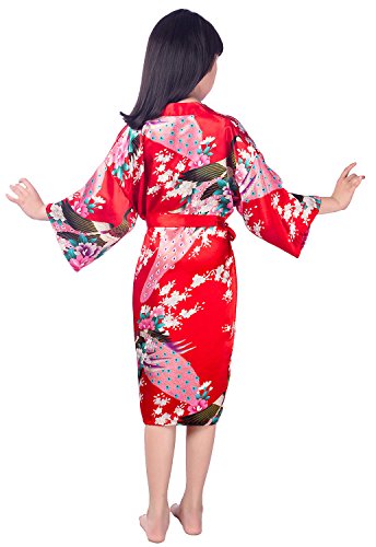 Westkun Girls Kimono for Kids Silk Dressing Gown Satin Robes Peacock and Blossoms Bathrobes Sleepwear for Spa Wedding Birthday Party Dress(Red,Tag 14)