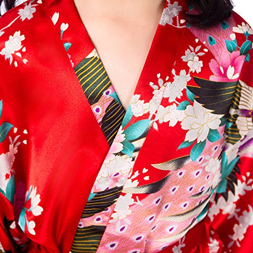 Westkun Girls Kimono for Kids Silk Dressing Gown Satin Robes Peacock and Blossoms Bathrobes Sleepwear for Spa Wedding Birthday Party Dress(Red,Tag 14)