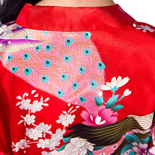 Westkun Girls Kimono for Kids Silk Dressing Gown Satin Robes Peacock and Blossoms Bathrobes Sleepwear for Spa Wedding Birthday Party Dress(Red,Tag 14)