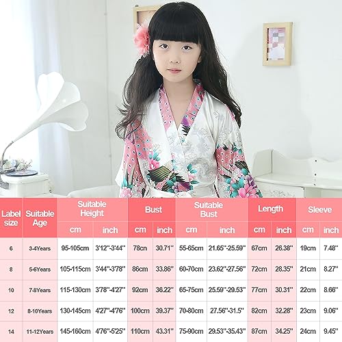 Westkun Girls Kimono for Kids Silk Dressing Gown Satin Robes Peacock and Blossoms Bathrobes Sleepwear for Spa Wedding Birthday Party Dress(Red,Tag 14)