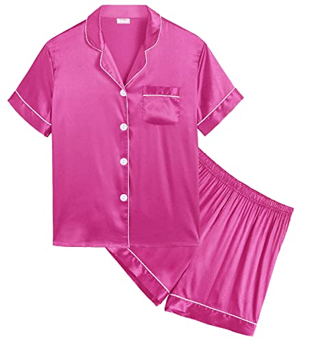 SWOMOG Toddler Girls Boys Silk Pyjamas Short Sleeve Button-Down PJs Nightwear Satin Pajama with Shorts for Summer Rose