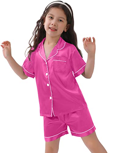 SWOMOG Toddler Girls Boys Silk Pyjamas Short Sleeve Button-Down PJs Nightwear Satin Pajama with Shorts for Summer Rose