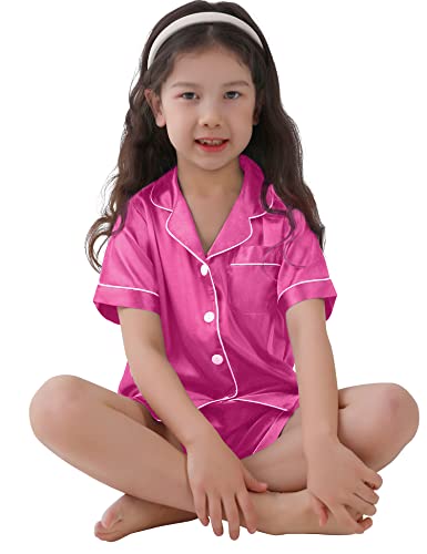 SWOMOG Toddler Girls Boys Silk Pyjamas Short Sleeve Button-Down PJs Nightwear Satin Pajama with Shorts for Summer Rose
