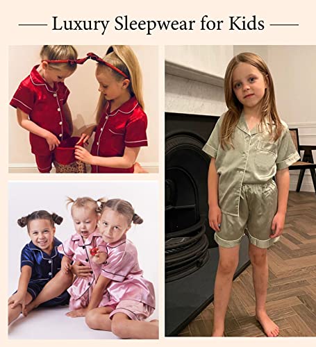 SWOMOG Toddler Girls Boys Silk Pyjamas Short Sleeve Button-Down PJs Nightwear Satin Pajama with Shorts for Summer Rose