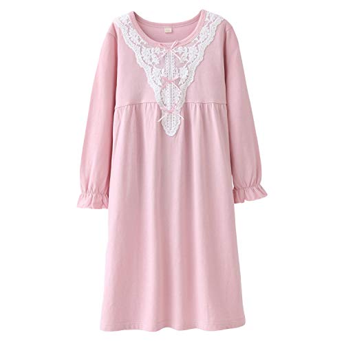 Big Girls' Princess Nighties Lace Sleep Shirts Long Sleeve Solid Pink 8