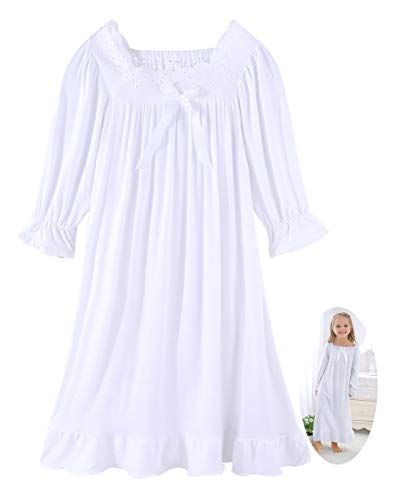 CHUNG Little Girls Vintage Victorian Nighties Long Sleeve Lace Square Neck Nightdress Princess Nightgown White, 10-12 Years
