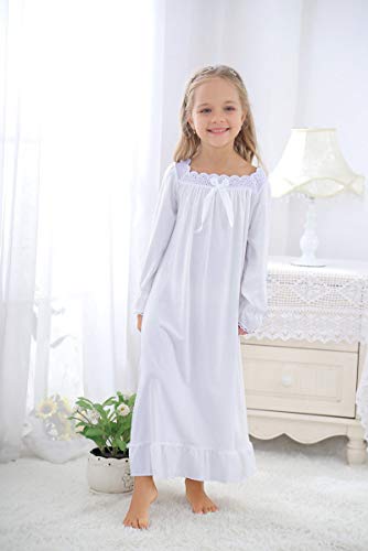 CHUNG Little Girls Vintage Victorian Nighties Long Sleeve Lace Square Neck Nightdress Princess Nightgown White, 10-12 Years