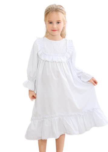 Alunsito Toddler Little Girls Nightgowns Soft Princess Long Sleeve Round Neck Long Sleeve Dress Vintage Ruffle Lace Sleepwear Nightdress 130 White 7-8 Years