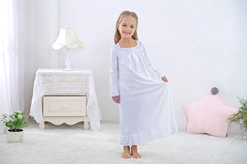 CHUNG Little Girls Vintage Victorian Nighties Long Sleeve Lace Square Neck Nightdress Princess Nightgown White, 10-12 Years
