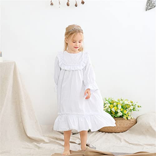 Alunsito Toddler Little Girls Nightgowns Soft Princess Long Sleeve Round Neck Long Sleeve Dress Vintage Ruffle Lace Sleepwear Nightdress 130 White 7-8 Years