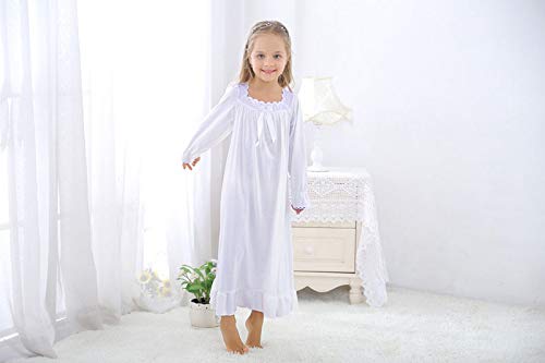 CHUNG Little Girls Vintage Victorian Nighties Long Sleeve Lace Square Neck Nightdress Princess Nightgown White, 10-12 Years