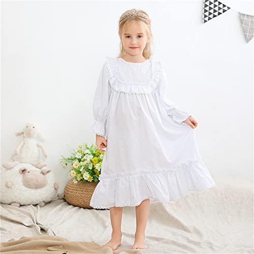 Alunsito Toddler Little Girls Nightgowns Soft Princess Long Sleeve Round Neck Long Sleeve Dress Vintage Ruffle Lace Sleepwear Nightdress 130 White 7-8 Years