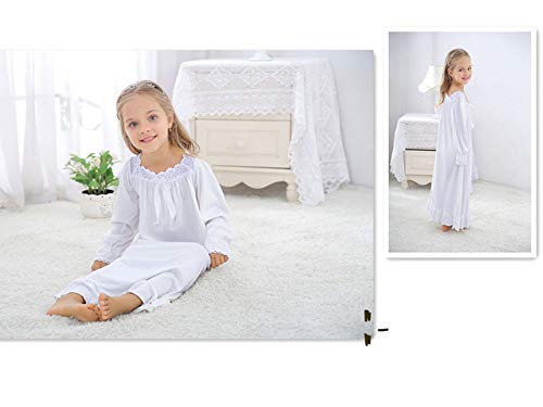 CHUNG Little Girls Vintage Victorian Nighties Long Sleeve Lace Square Neck Nightdress Princess Nightgown White, 10-12 Years