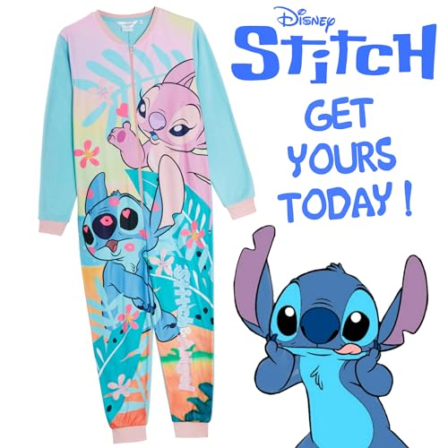 Disney Stitch and Angel Onesie for Kids All in One Sleepsuit Lounge Pyjamas for Girls Fleece Pjs Nightwear 9-10 Years Blue