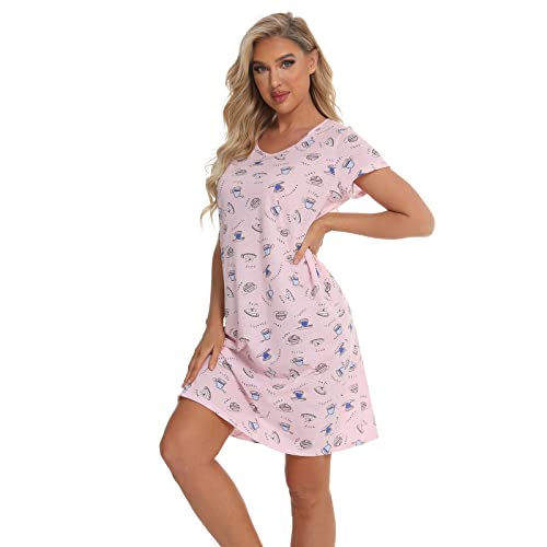 Misscoo Short Sleeve Nighties Cute Nightdress Women's Cotton Nightgown Sleepwear Women Pj Shirt Casual Print Sleepdress Print Cartoon Nightdress