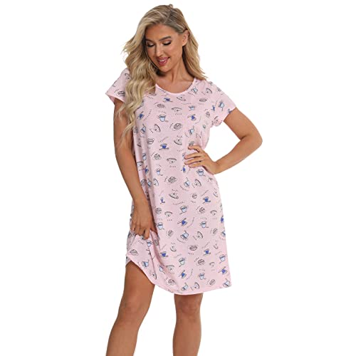 Misscoo Short Sleeve Nighties Cute Nightdress Women's Cotton Nightgown Sleepwear Women Pj Shirt Casual Print Sleepdress Print Cartoon Nightdress