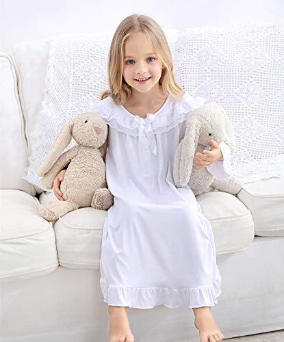 PHLCEhot Girls Cotton Long Sleeve Short Sleeve Nightdress Lace Princess Nighties White Pink Nightgown Sleepwear