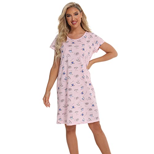 Misscoo Short Sleeve Nighties Cute Nightdress Women's Cotton Nightgown Sleepwear Women Pj Shirt Casual Print Sleepdress Print Cartoon Nightdress