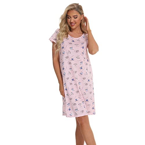 Misscoo Short Sleeve Nighties Cute Nightdress Women's Cotton Nightgown Sleepwear Women Pj Shirt Casual Print Sleepdress Print Cartoon Nightdress