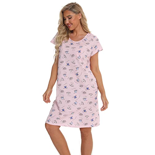 Misscoo Short Sleeve Nighties Cute Nightdress Women's Cotton Nightgown Sleepwear Women Pj Shirt Casual Print Sleepdress Print Cartoon Nightdress