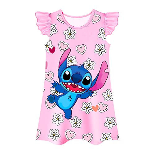 Aepotumn Stitch Nightdress Girls Nightdress Nighties Pyjamas Princess Flutter Sleeve Nightgown Kids Pjs Casual for Toddler 6-12 Years Pink